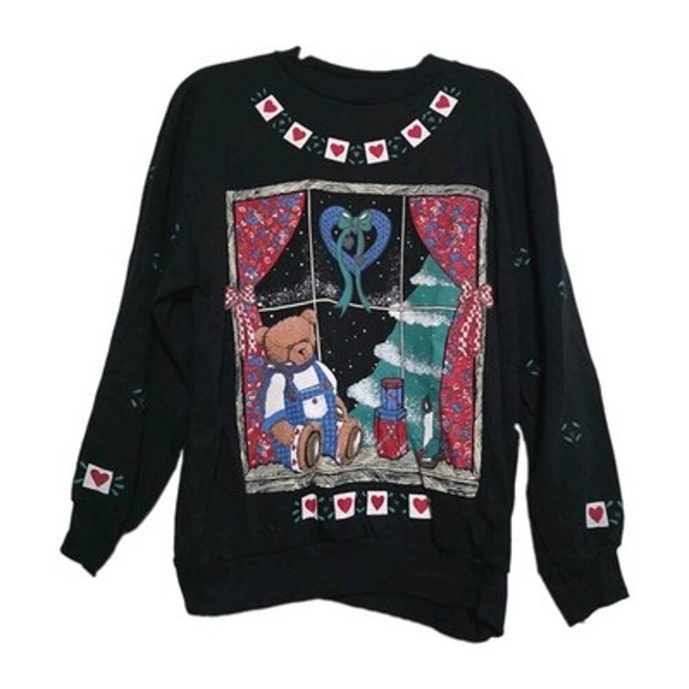 Vintage Christmas Bear Crew Sweatshirt Womens M Grandmacore Cottage 90s Teacher
